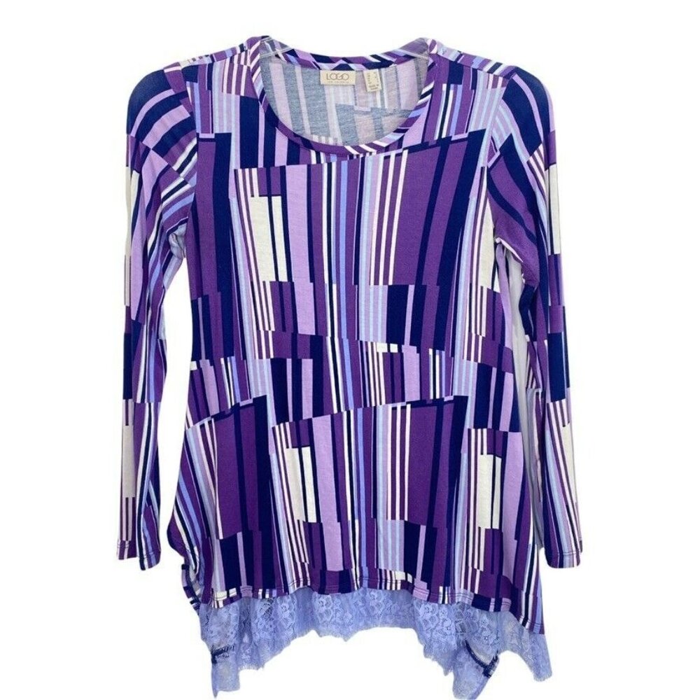 LOGO Lori Goldstein Tunic Top Size XS Striped Purple Lace Bottom Long Sleeve